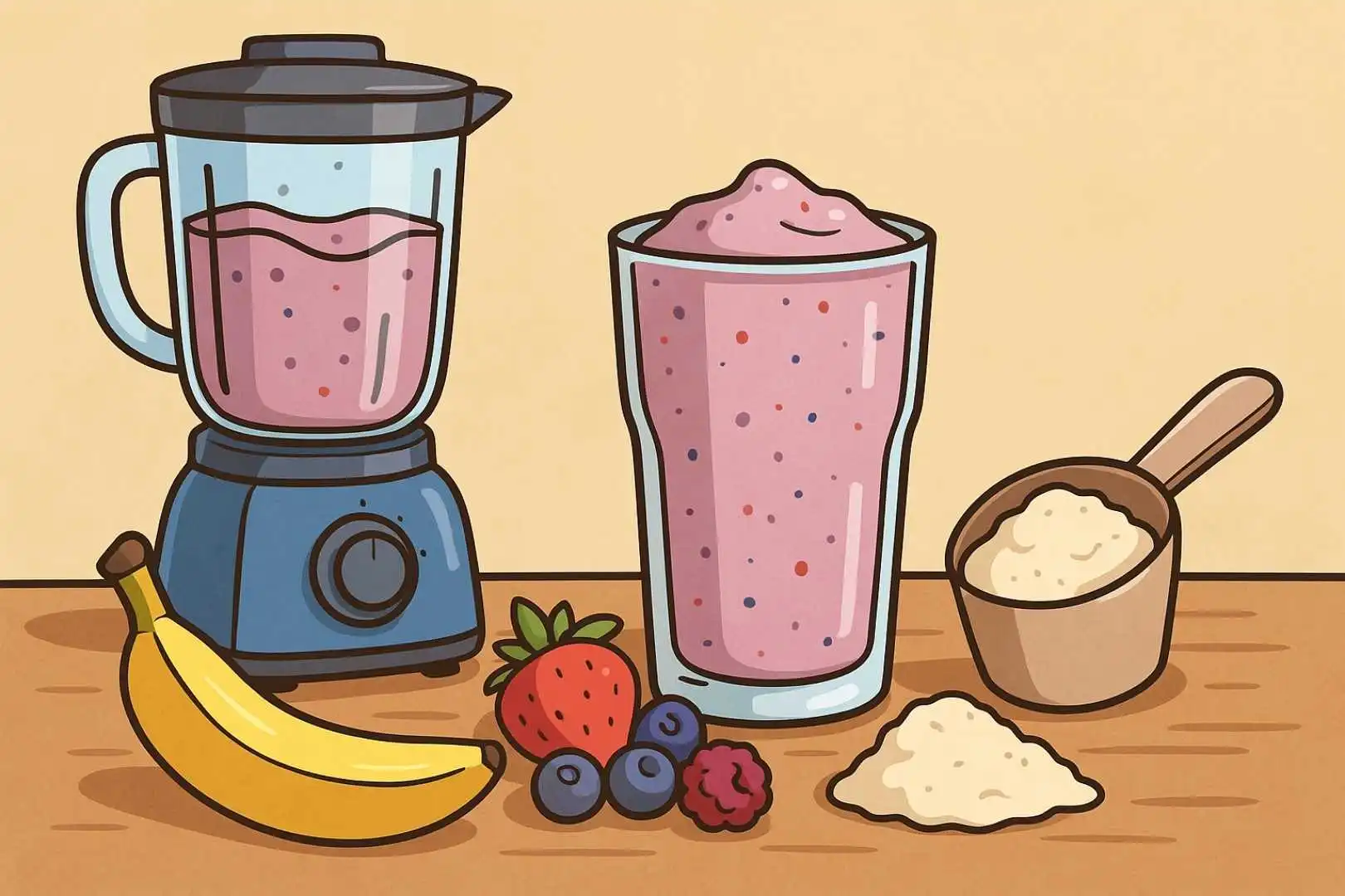Low calorie smoothie with banana, berries, protein powder, and blender