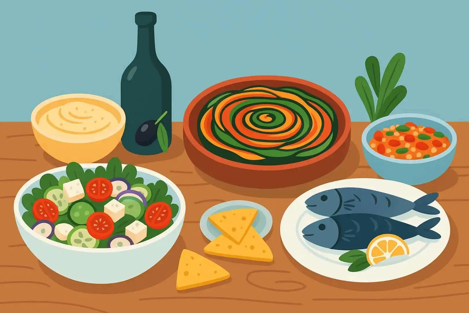 Mediterranean diet recipe with vegetables, olive oil, bread and herbs in cartoon style